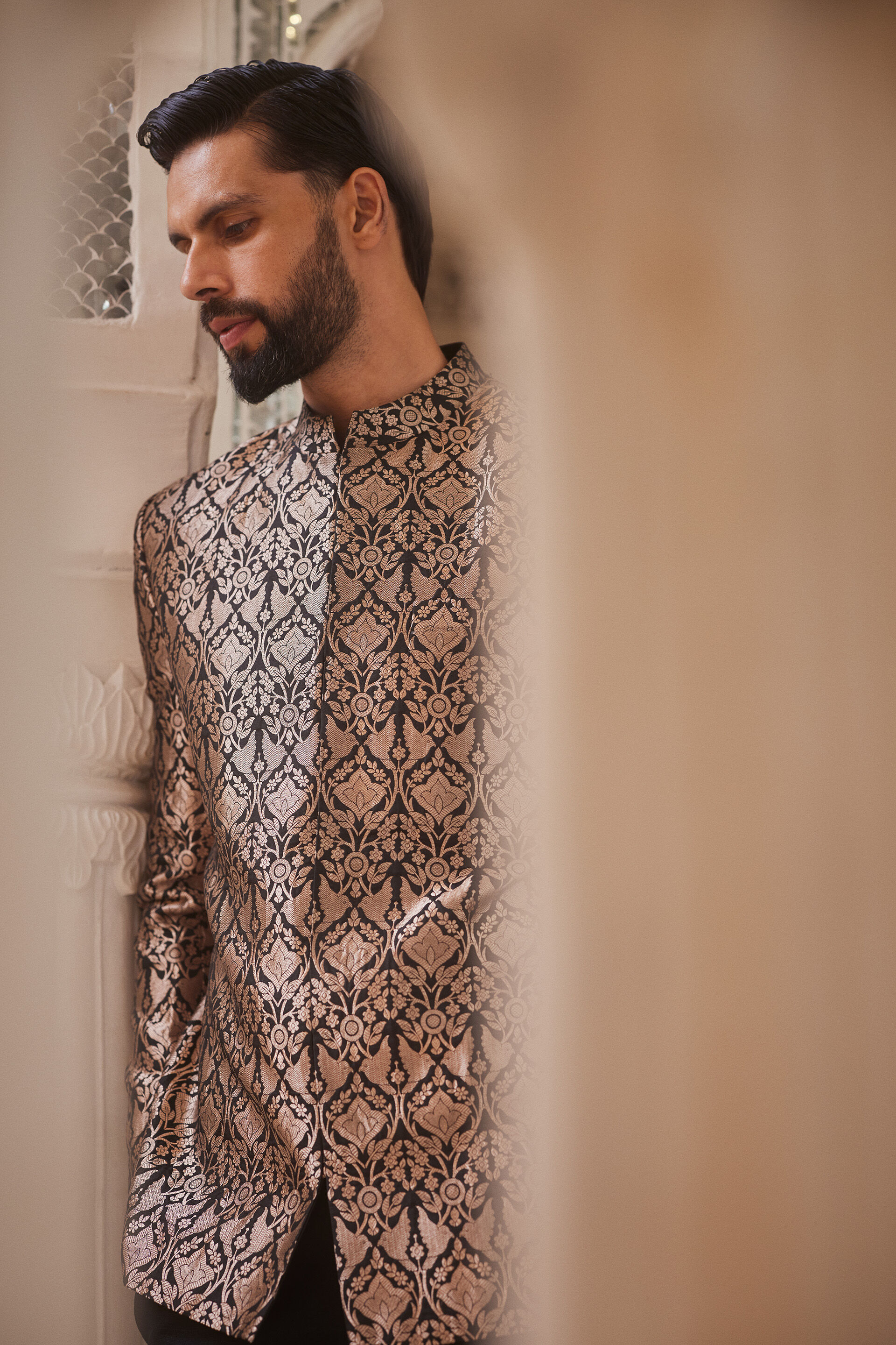 Swarank Handwoven Benarasi Silk Bandhgala - Black, Black, image 4